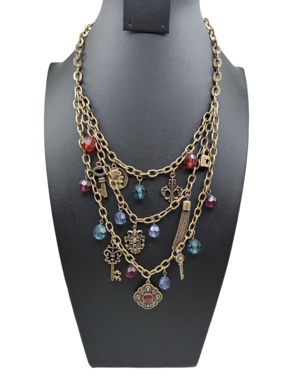 Multistrand Charm Necklace 22" Brass Tone Beads Locks Keys Shield Charms